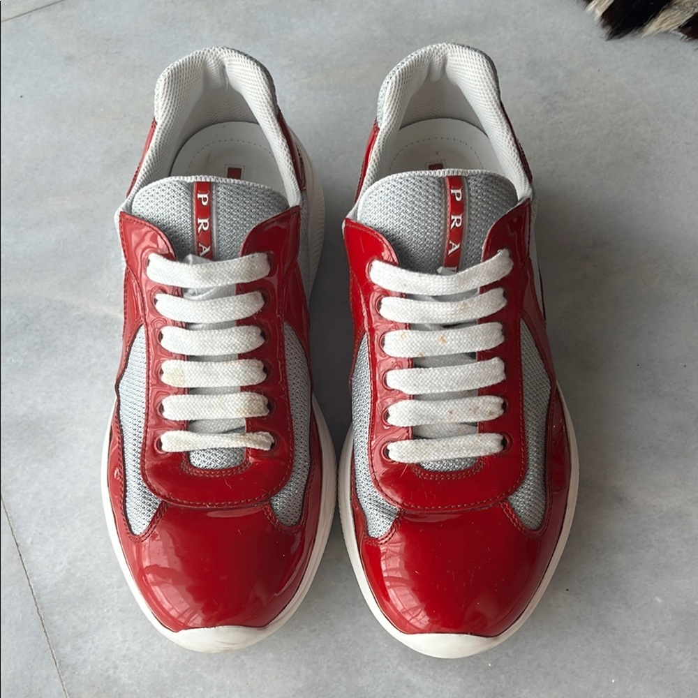 100% Auth Prada Men Red Patent Leather & Technical Fabric Sneakers America’s Cup